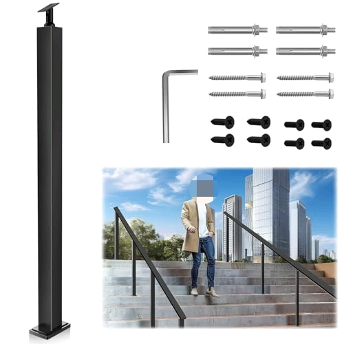 36" Undrilled Outdoor Handrail Post, Heavy Duty Stainless Steel T304 Holeless Railing Post with Adjustable Top, Matte Black Hand Rail Post for Steps Stairs Commercial ADA Standards