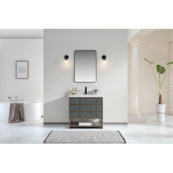 36" VANITY WITH GOLDEN BRUSH STAINLESS STEEL FRAME AND PEWTER GREEN FINISH WITH 2" THICK WHITE NATUAL STONE TOP
