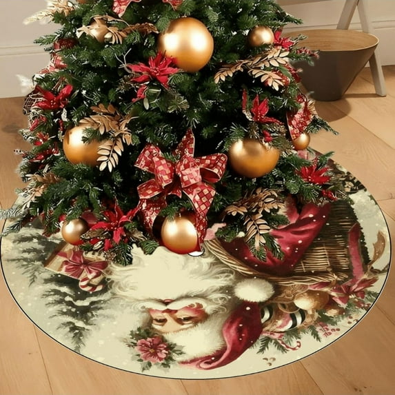 36" Vintage Santa Christmas Tree Skirt, Soft Plush Xmas Tree Collar for Indoor & Outdoor Holiday Decorations, Round Base Cover for Christmas Trees, Festive Farmhouse Floor Mat for Seasonal Décor
