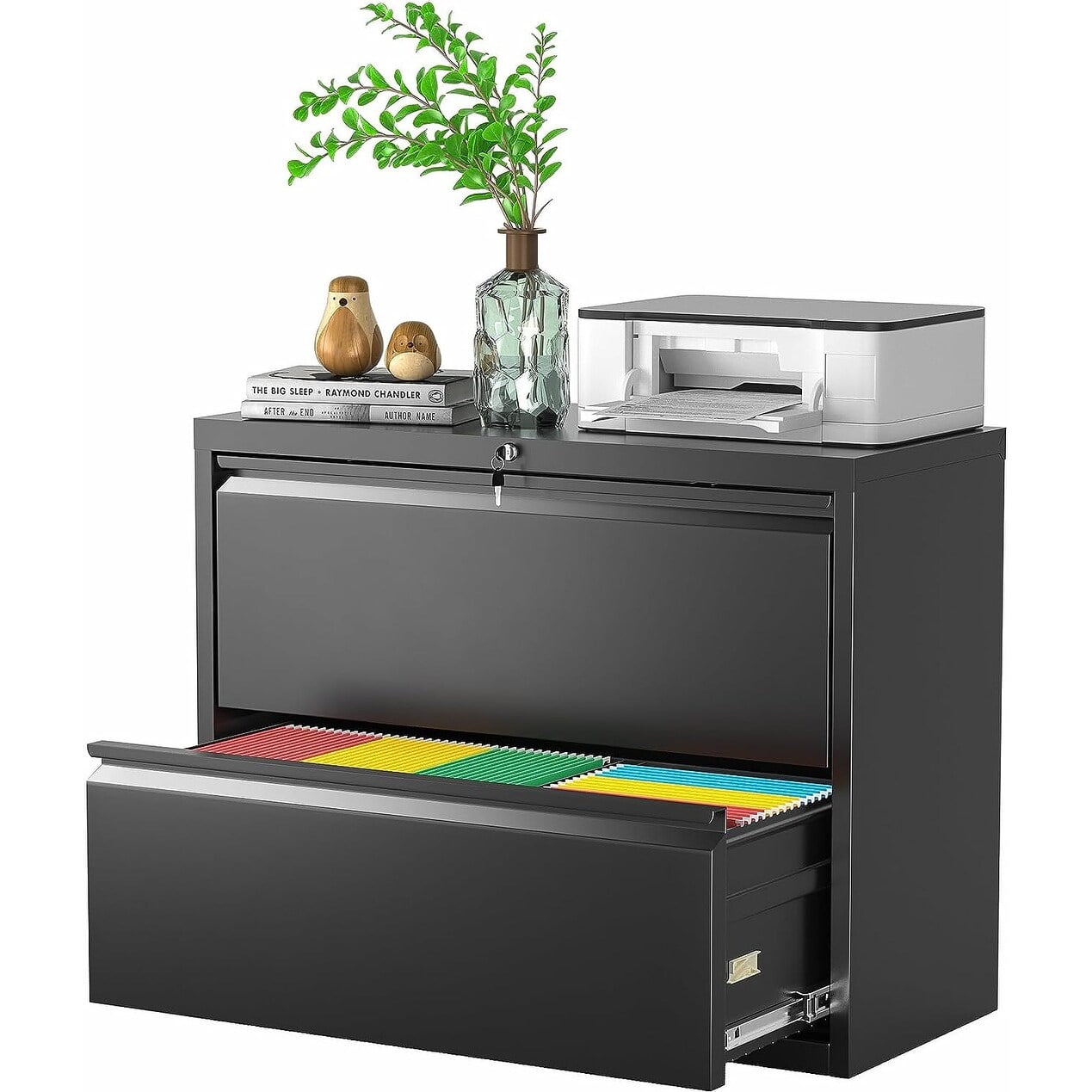 36" Wide Black Metal Lockable 2 Drawer Lateral File Cabinet