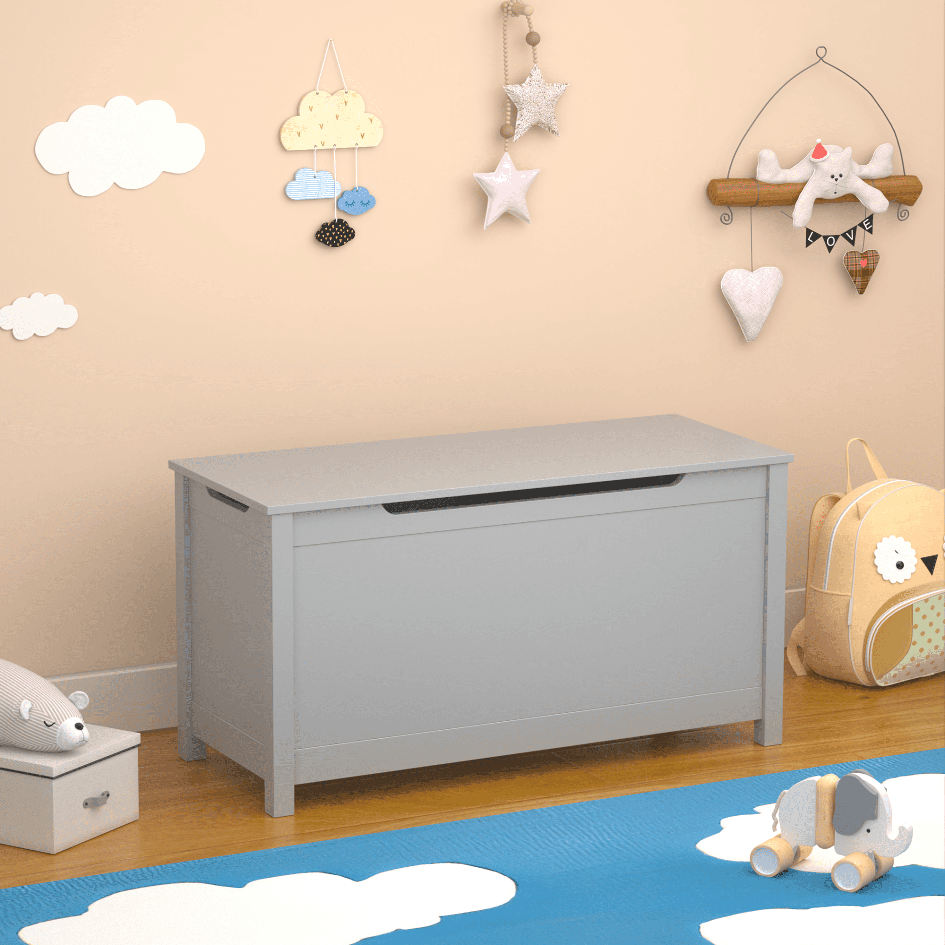 36'' W Toy Box Storage Chest for Girls Boys Ages 3+, Wooden Toy Storage Box with Flip-top Lid and Safety Hinge, Toy Storage Organizer Bench for Nursery, Playroom, Bedroom, Gray