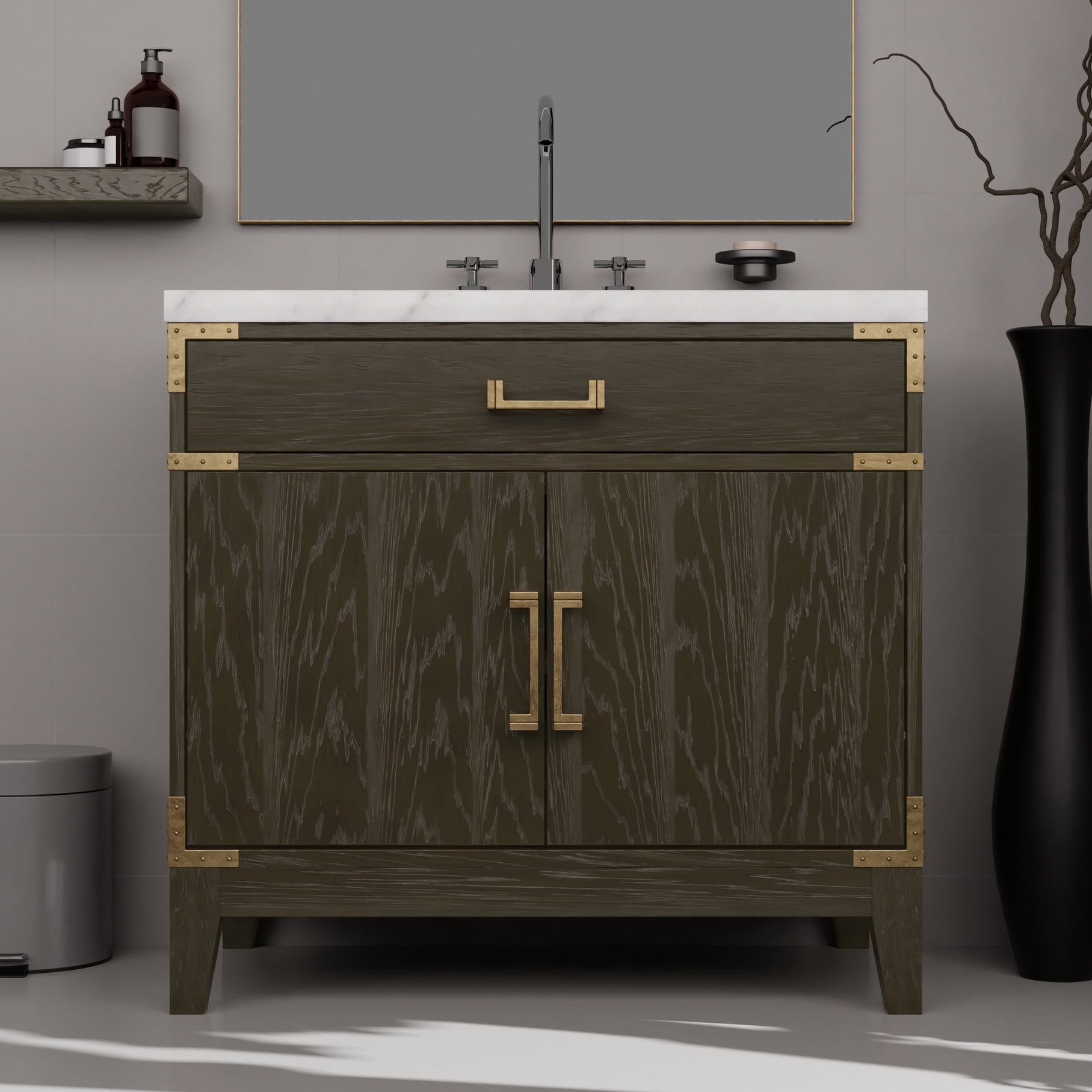 36" W X 22" D Brown Oak Bath Vanity With Marble Top & Mirror - Soft ...