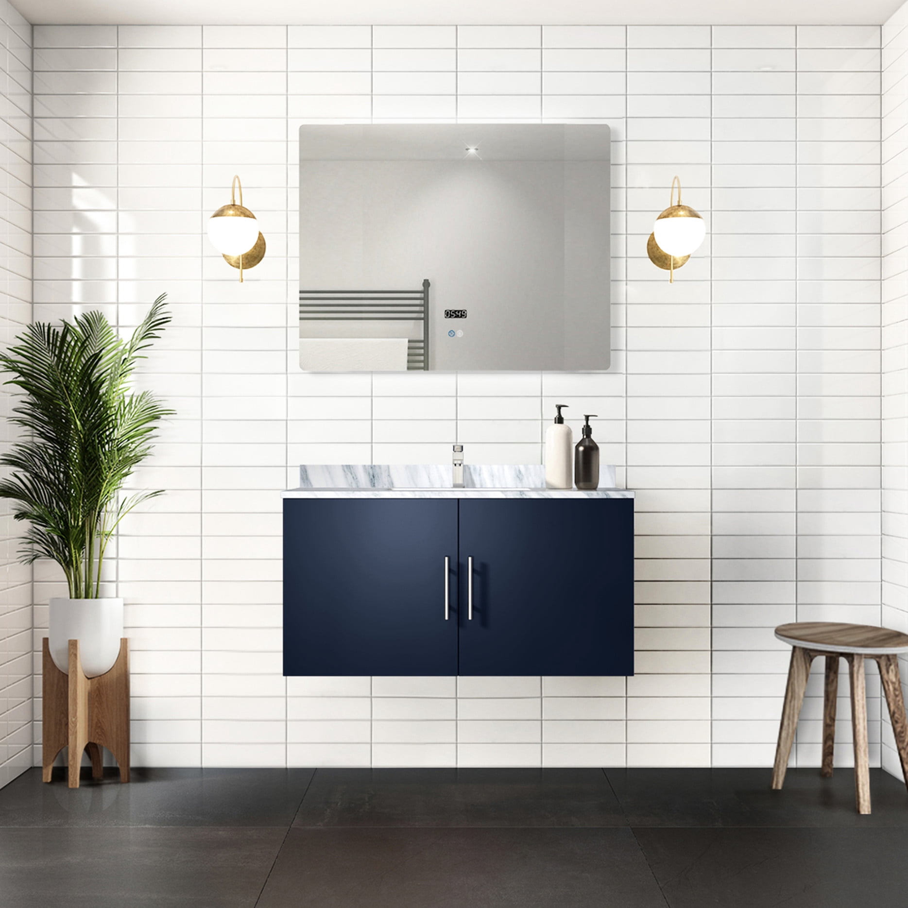 36" W X 22" D Navy Blue Vanity For Bathroom With Marble Countertop ...