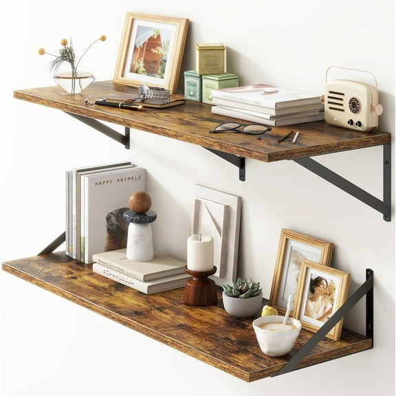 36"W x 12"D Floating Shelves, Deep Floating Shelves with Brackets, 12 Inch Deep Wall Shelves for Books, Wide Display Storage Shelves for Bathroom, Living Room, 36 Inch Long, Rustic Brown, Set of 2