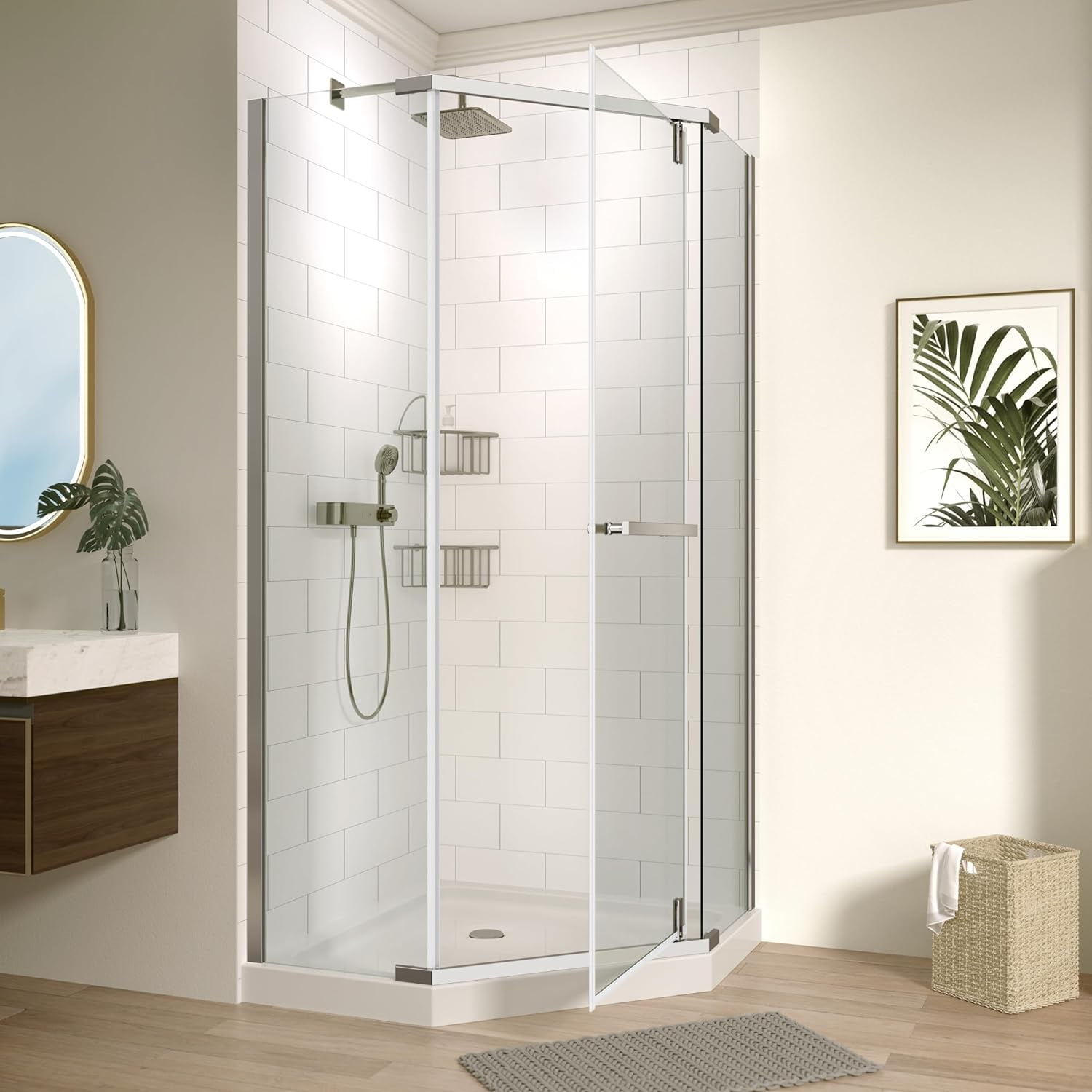 36" W x 72" H Neo-Angle Frameless Shower Door,Corner Shower Enclosure 304 Stainless Steel Handle,Pivot Shower Door with 1/4 in(6mm) Thick Tempered Clear Glass (Shower Base Not Included) Chrome