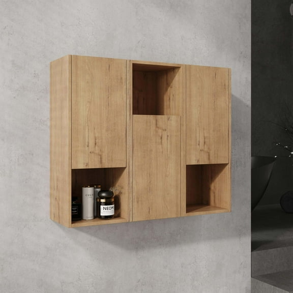 36" Wall Mounted Bathroom Cabinet Set of 3 - Oak Finish Floating Storage with Soft-Close Doors