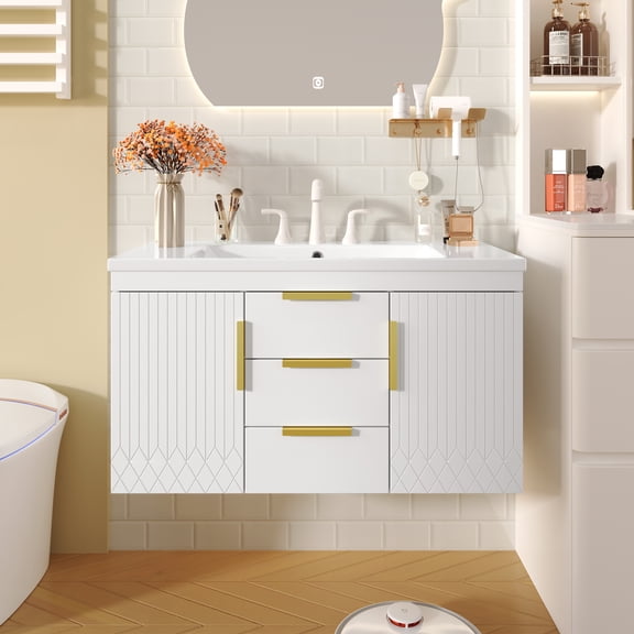 36 Wall Mounted Bathroom Vanity, Floating Bathroom Storage Cabinet With 2 Drawers, Solid Wood Bathroom Cabinet