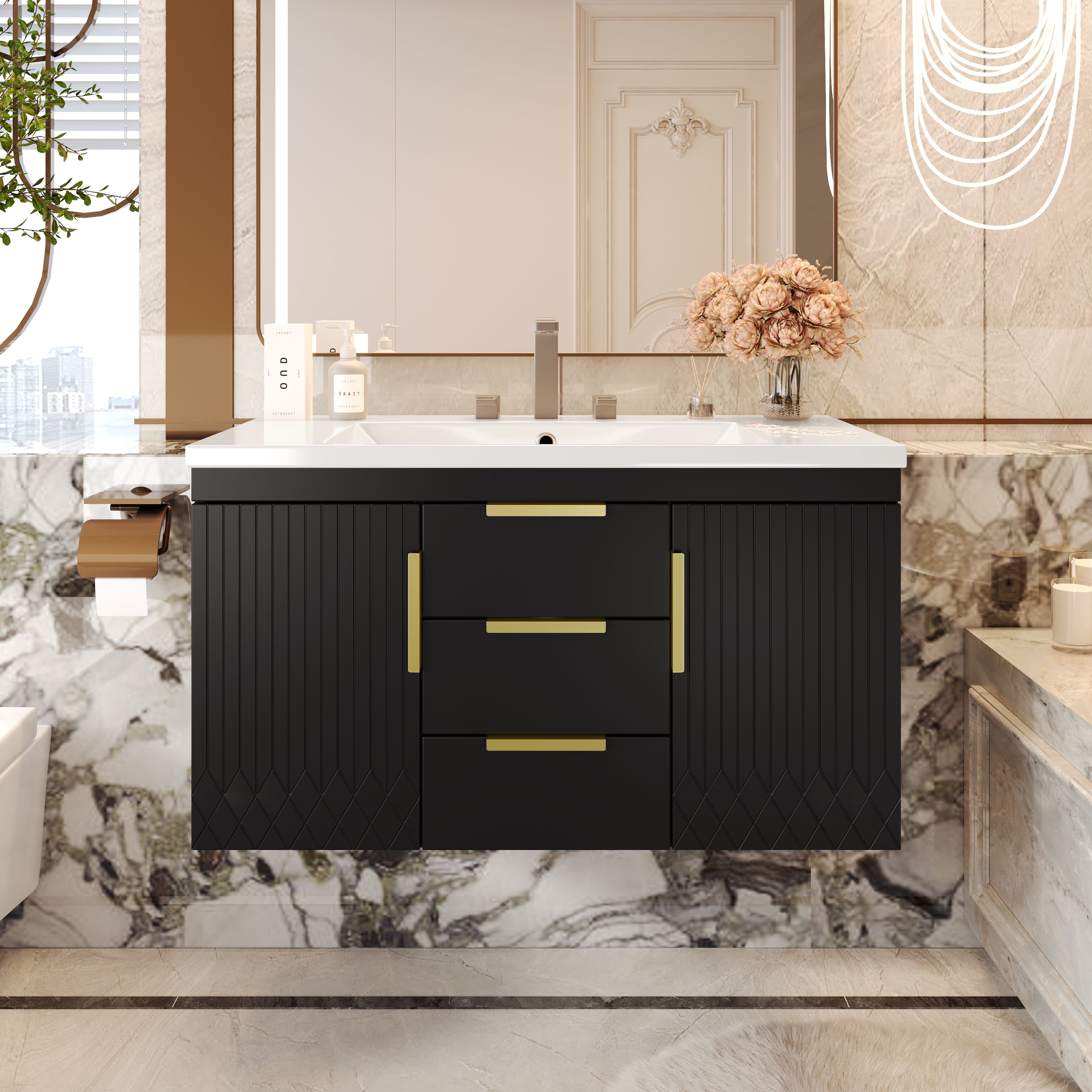 36'' Wall Mounted Bathroom Vanity with Resin Sink, Floating Bathroom ...