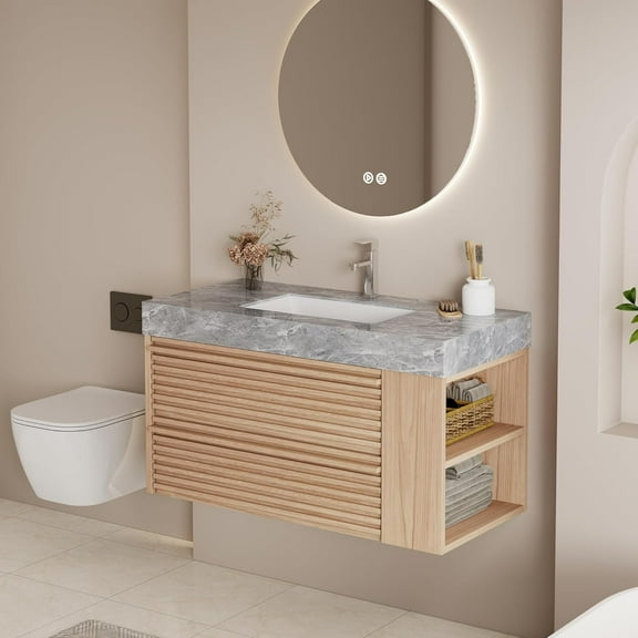 36" Wall Mounted Bathroom Vanity with Sink, Floating Bathroom Sink Cabinet with Drawers, Modern Vanity Cabinet Light Wood Bathroom Vanity with Gray Sintered Stone Top, Ceramic Basin, Open Shelf