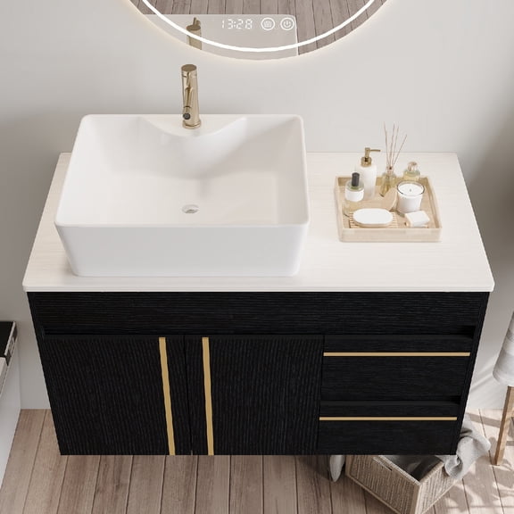 36" Wall-Mounted Bathroom Vanity with Vessel Ceramic and Sink, Modern Wood Floating Design Storage Vanity with Plywood Countertop Soft-Close Door and Drawers for Bathroom, Black