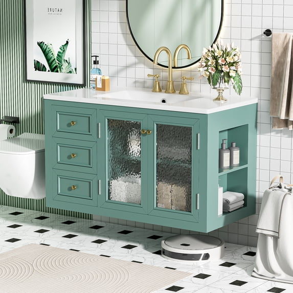36'' Wall Mounted Bathroom Vanity with Ceramic Sink, Floating Bathroom Storage Cabinet with 3 Drawers, Solid Wood Frame Bathroom Cabinet