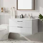 36 Wall Mounted Bathroom Vanity with Sink, Floating Design with 2 Spacious Drawers and Metal Handles, White