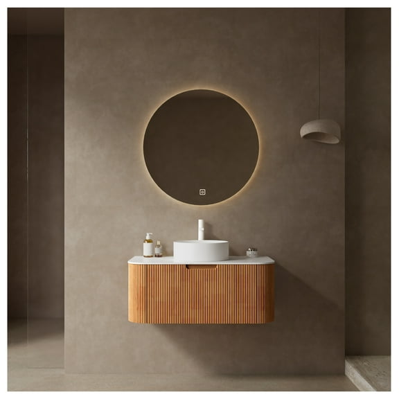 36" Wall-Mounted Bathroom Vanity with Sink, Natural Wood Cabinet with Drawer, White Round Ceramic Basin, Floating Pre-Assembled Vanity