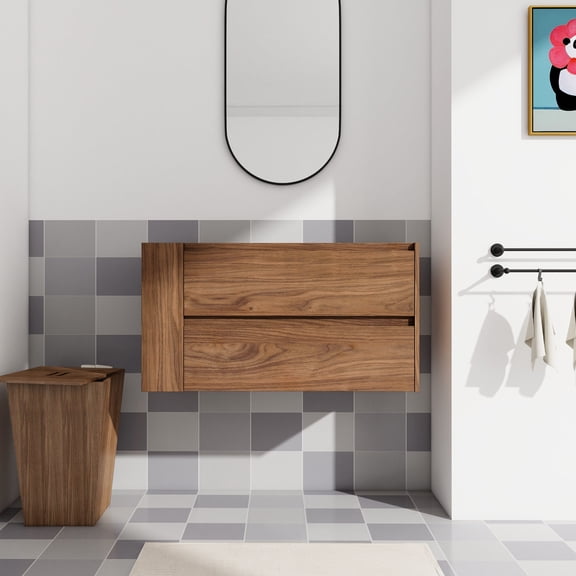 36" Wall Mounted Brown Oak Bathroom Vanity | Smooth 2/3 Extended Drawers | Bathroom Decorative Use