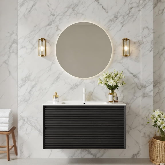 36" Wall-Mounted Floating Bathroom Vanity Cabinet with 2 Drawers - Pre-Assembled, Dark Oak