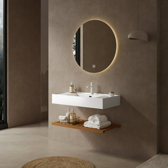 36" Wall-Mounted Floating Bathroom Vanity with White Acrylic Vessel Sink, Striped Storage ShelvesDark Walnut