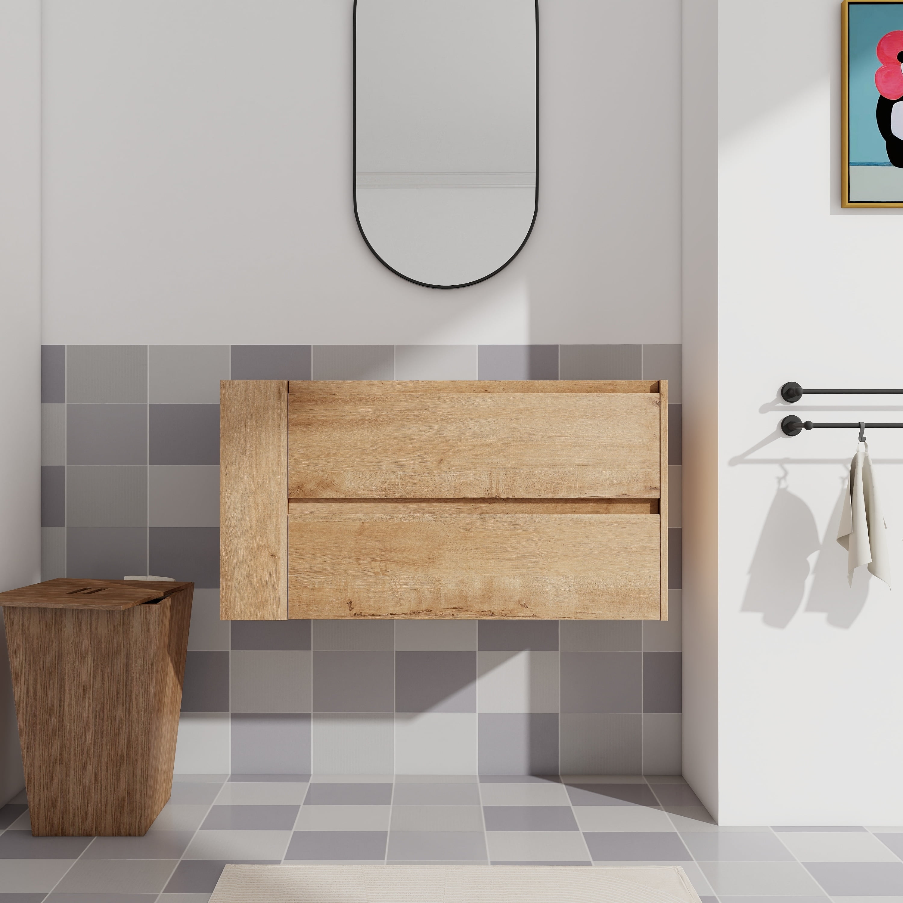 Natural Oak Wall-Mounted Bathroom Vanity with Soft Close Drawers