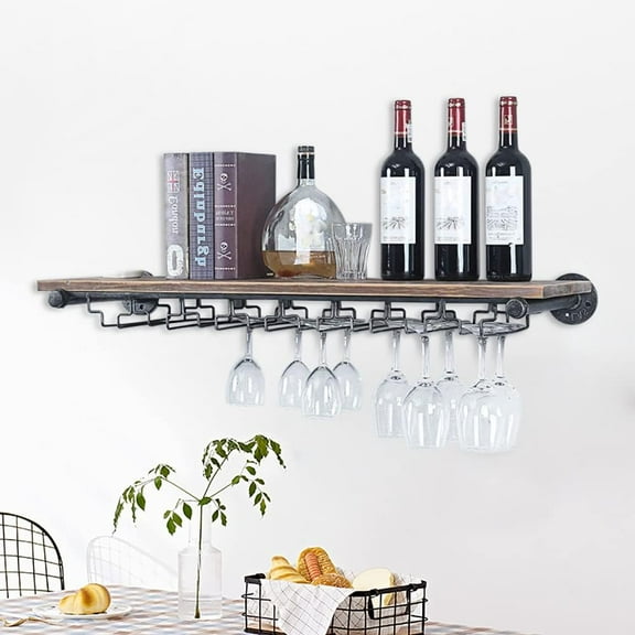 36"Wall Wine Glass Holder Hanging Stemware Racks Wine Rack Floating Shelf Holds 24 Glasses,Wood Wall Bar Shelves Wine Bottle Wine Glass Storage Rack Display Organizer  Pipe Shelving