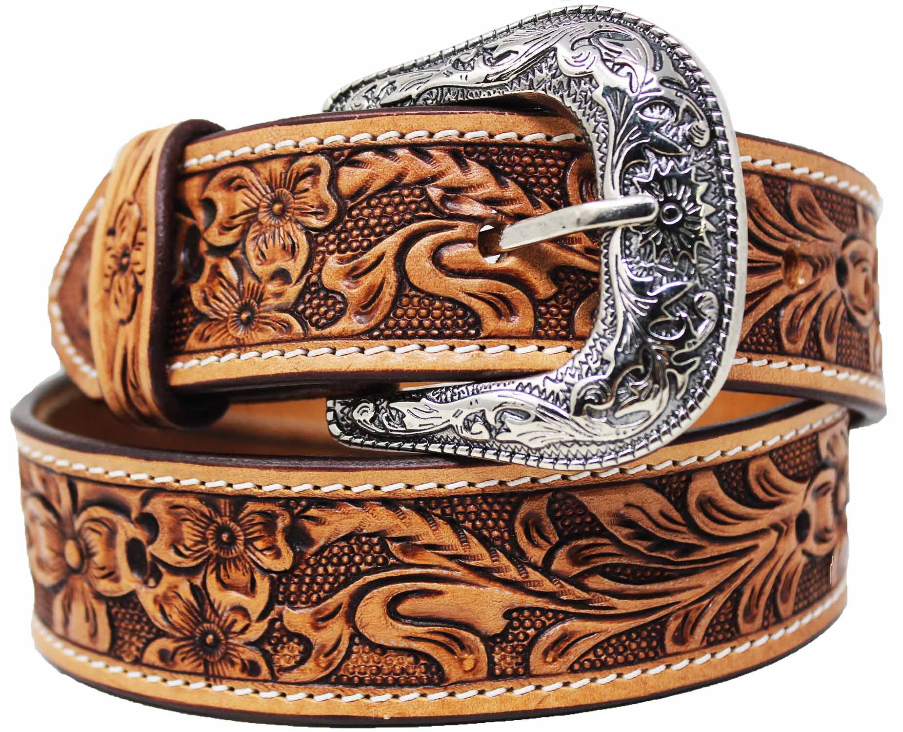 Western Floral Tooled Leather Belt Strap - Full Grain Cowhide, 1.5" Wide, Brown, Snap-On Buckle System