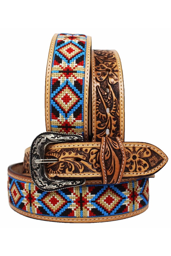36" Western 1-3/4" Tapered Embroidered Floral Tooled Leather Belt 26RT87
