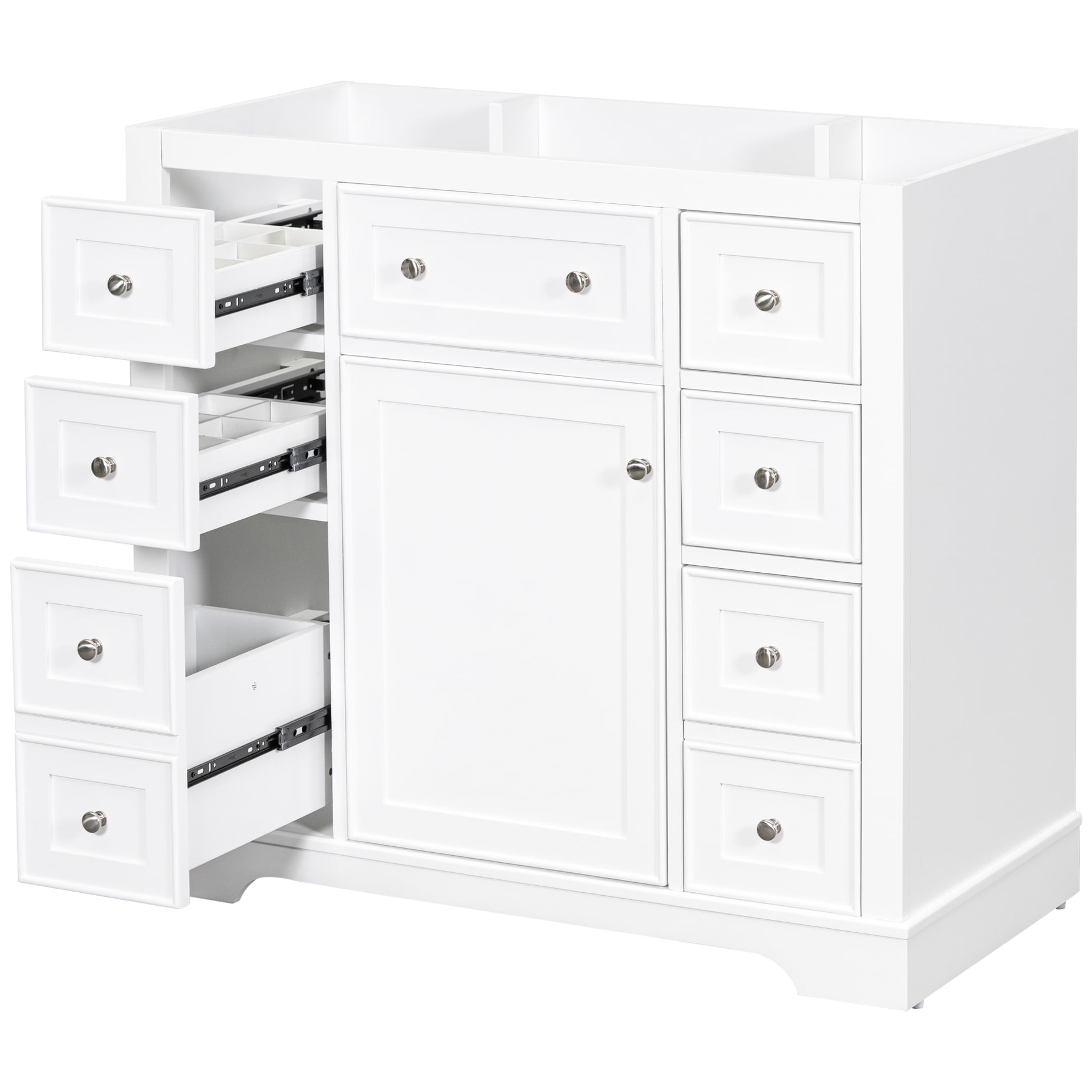 36" White Bathroom Vanity Base Only. 1 Cabinet & 6 Drawers. Solid Wood And Made. Surface. Ample Storage. Customizable Drawer Divider. Assembly Required Without Sink, White. 6 1 Base. Modern Taste. .
