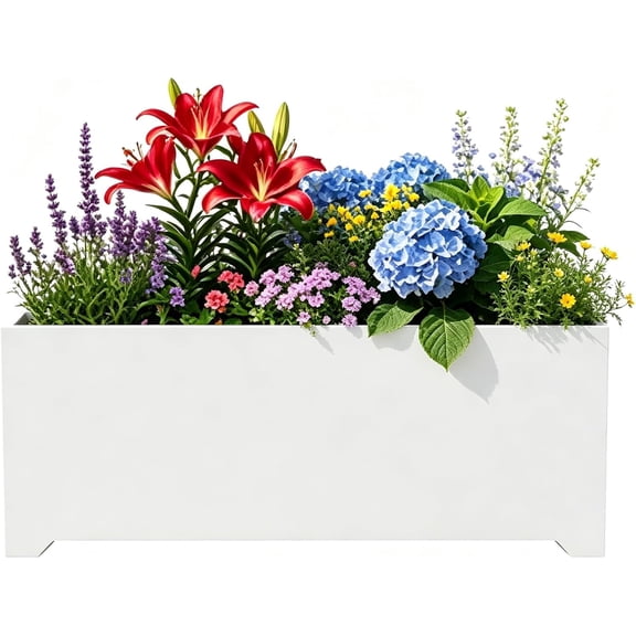 36" White Rectangular Planter, 36x15x15 Inch Large Metal Flower Box with 6 Drainage Holes, Raised Bottom, Galvanized Outdoor Planter for Patio Garden Deck, Heavy Duty Planter for Vegetables Shrubs