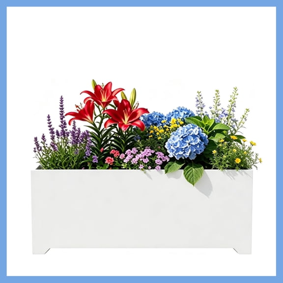 36" White Rectangular Planter, 36x15x15 Inch Large Metal Flower Box with 6 Drainage Holes, Raised Bottom, Galvanized Outdoor Planter for Patio Garden Deck, Heavy Duty Planter for Vegetables Shrubs