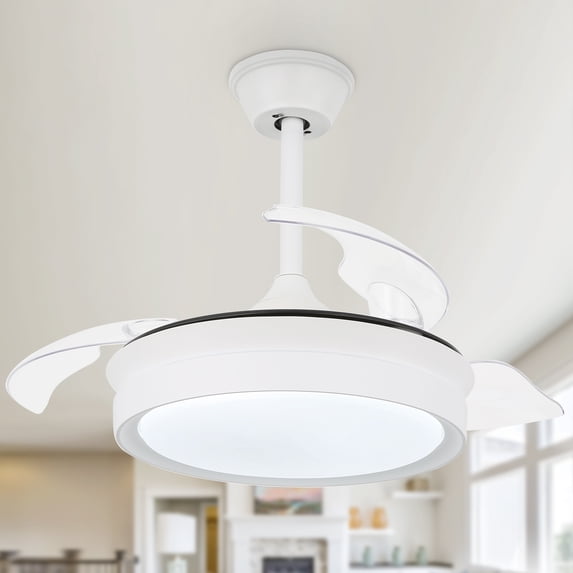 36" White Retractable Ceiling Fan Reversible With Remote Control and Light Kit DC Motor