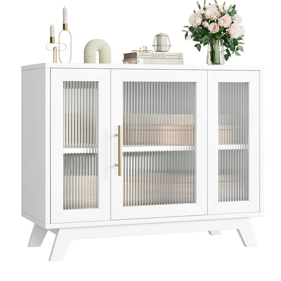 36" White Sideboard Buffet Cabinet with Glass Doors, Adjustable Shelves and Gold Handles, Multi-Functional Storage Console for Dining Room and Entryway