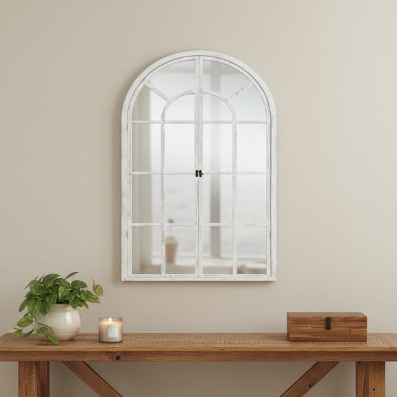 36" White Solid Wood Arch Framed Accent Mirror