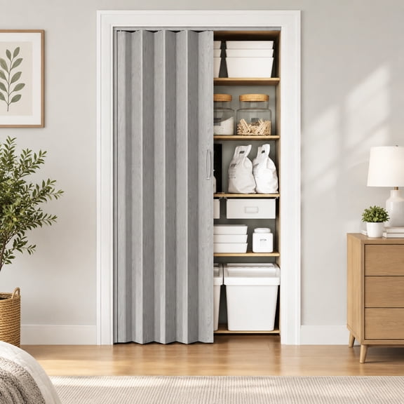 36" Wide Grey PVC Foldable Accordion Closet Door, Space-Saving Room Divider, Lightweight Durable Interior Door Panel