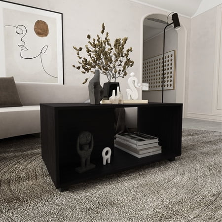 36" Wide Rectangular Coffee Table, Black Finish With Structure And Mobile Function For Living Room Spacious Top Feature