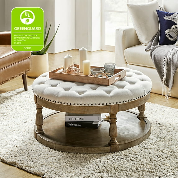 36'' Wide Round Ottoman Coffee Table with Storage Tufted Wood Legs Home Living Room Ivory