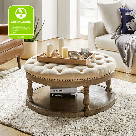 36'' Wide Round Ottoman Large Coffee Table with Storage Tufted Wood Legs Home Living Room Linen