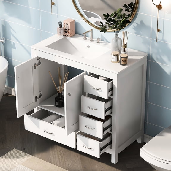 36" Width, White Bathroom Piece - 2 Soft-close Doors and 5 Drawers - In Small Bathrooms - Offer Convenient Skincare Access