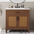 thumbnail image 1 of 36" Wood Bathroom Vanity with Sink, Freestanding Small Bathroom Storage Vanity Cabinet with 2 Soft Close Rattan Door, 3 Drawers, Brown, 1 of 8