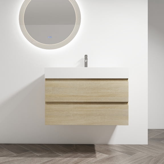 36" Wood Grain, Light Oak - Soft Close Drawers, 2/3 Extension Slides - Wall-Mounted Bathroom - Ample Storage, Durable & Easy to Clean