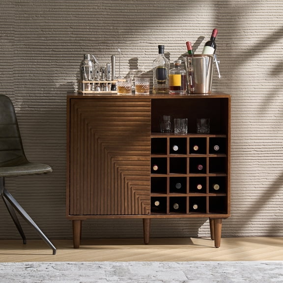 36" Wood Storage Wine Rack Cabinet Adjustable Wine Glass Holder Bar Buffet Sideboard Sliding 2 Doors Kitchen Walnut