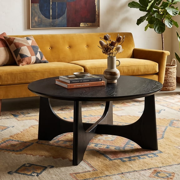 36" Wooden Coffee Table, Modern Round Coffee Table for Living Room, Black