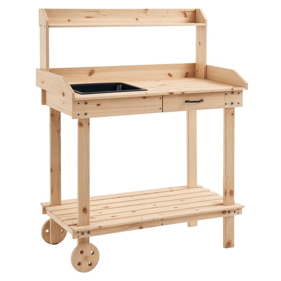 36" Wooden Potting Bench Work Table with 2 Removable Wheels, Garden Workstation with Removable Sink, Drawer & Large Storage Spaces, Natural