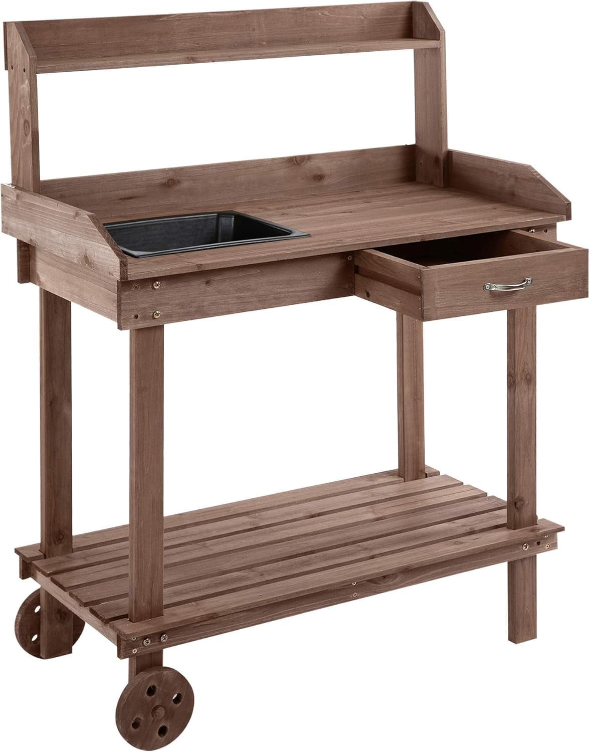 36'' Brown Solid Wood Potting Bench with Sink and Wheels