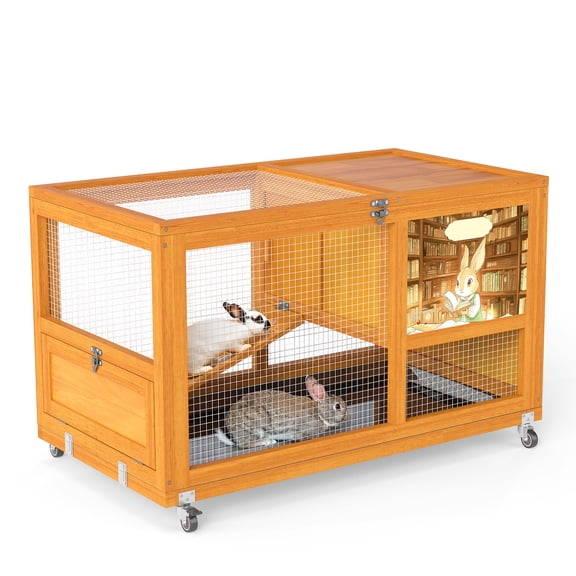 36" Wooden Rabbit Hutch Indoor Outdoor, Rolling Bunny Cage with Openable Roof, Removable Tray & Anti-Slip Ramp, Mobile Rabbit House in Grey Orange for Small Bunnies