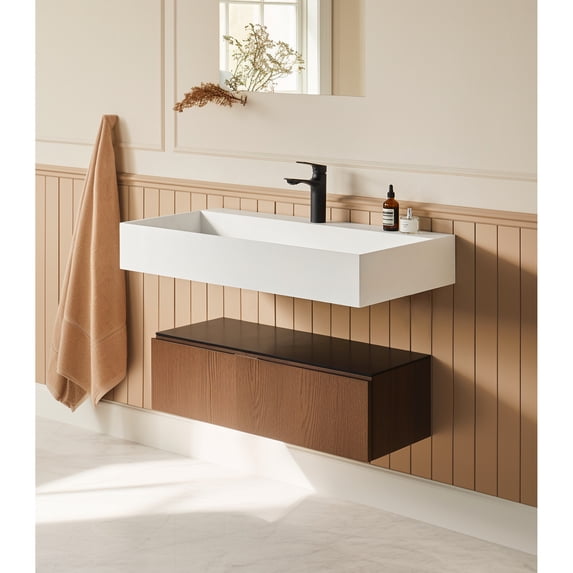 36" X 18" Matte White Solid Surface Wall Mount Rectangle Vessel Sink With Faucet Hole. Spacious Bathroom For Various Styles. Construction. Easy To Assemble Mounted Modern Bath Interiors. Stone Resin