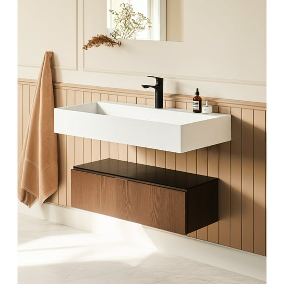 36" X 18" Solid Surface Matte White Wall Mount Rectangle Vessel Sink With Faucet Hole. Spacious Bathroom For Contemporary Bath Designs. Build Quality. Simple Installation Bathrooms. Build. Effortless