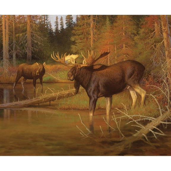 36" X 43" Panel Majestic in Nature Moose River Landscape Trees Riley Blake Cotton Fabric Panel (PD15982)