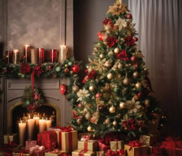36" X 44" Panel 2024 Christmas Tree Gifts Candles Red Cotton Fabric D410.37