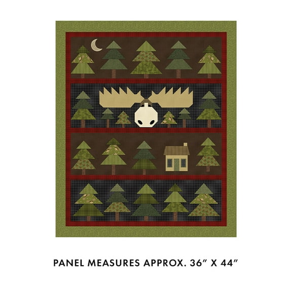 36" X 44" Panel A Moose in the Woods Northwoods Cabin Camping Pine Trees Cotton Fabric Panel (16337-99)