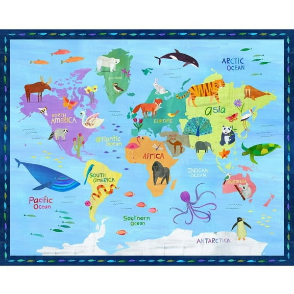 36" X 44" Panel Animals Around the World Globe Map Continents Birds Mammals Reptiles Cotton Fabric Panel (DDC11353-MULT-D)