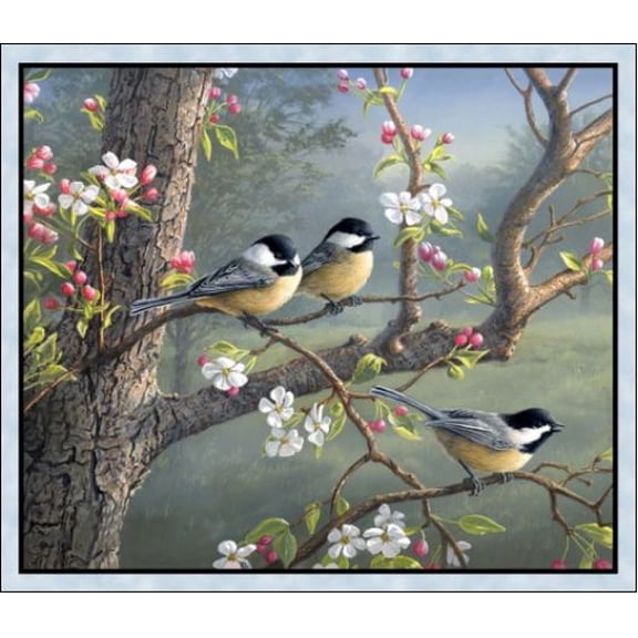 36" X 44" Panel Chickadee Morning Chickadees Birds Trees Flowers Elizabeth Studios Cotton Fabric Panel (46005SKYBLUE)