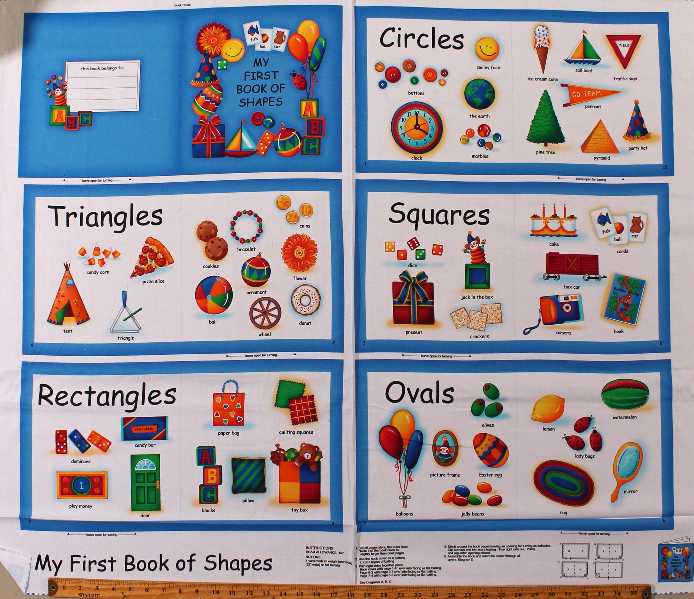 36" X 44" Panel Cotton My First Book of Shapes Fabric Book Instructions White Fabric Panel (1649-26312-X) by Quilting Treasures
